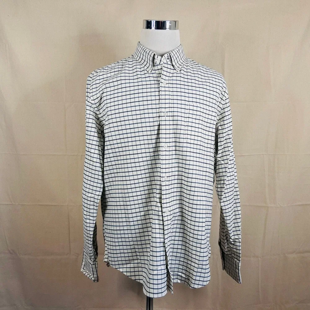 J Crew XL Mercantile Flex Button Down Shirt Ivory Blue Windowpane Check Mens